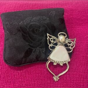 Elegant Silver Angel Brooch with Mother of Pearl in Center